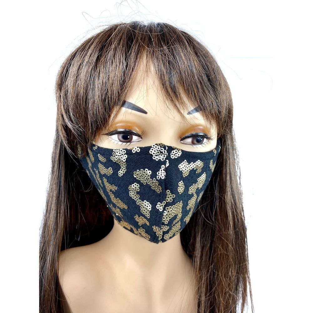 Black Fabric Face Cover Sequin Cloth Leopard Mask